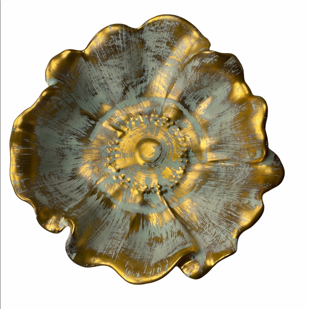 VTG Stangl Pottery Antique Gold Aqua Ruffled Bowl